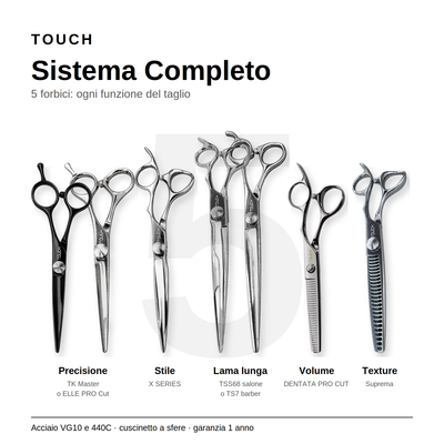 Set completo 5 forbici professionali da parrucchiere Sistema Completo TOUCH con sfoltitrice e forbice da texture