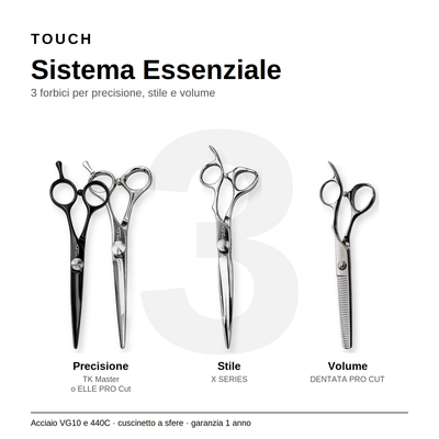 Kit 3 forbici professionali da parrucchiere Sistema Essenziale TOUCH: precisione, stile e volume