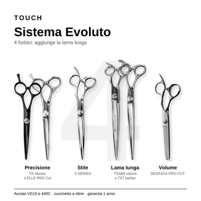 Kit 4 forbici professionali da parrucchiere Sistema Evoluto TOUCH con lama lunga per bob o barber