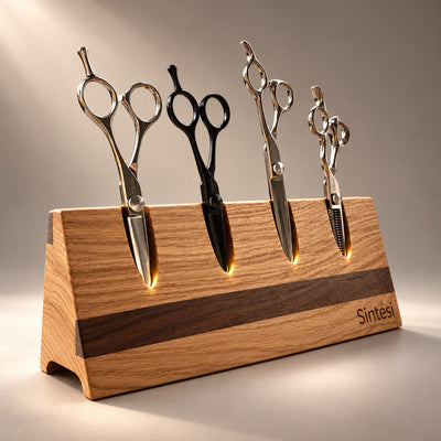 Sintesi da 4, portaforbici magnetico in legno con 4 forbici da parrucchiere